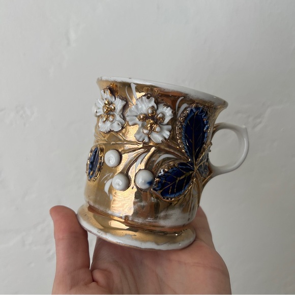 Antique Porcelain gilded German Back-stamp Lusterware Shaving Mug flowers vine - Picture 5 of 13
